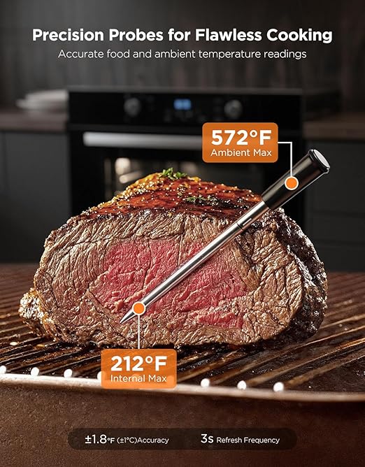 GoveeLife Bluetooth Wireless Meat Thermometer with 4 Probes, WiFi Unlimited Range, ±1.8℉ Accuracy, IP68 Waterproof Real Time Monitoring Digital Food Thermometer for Kitchen, BBQ, Grill, Oven, Smoker