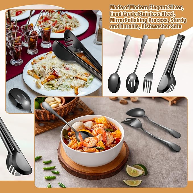 Patelai 15 Pieces Christmas Stainless Steel Black Serving Utensils Set 8.7" Large Spoons and Slotted Spoon 9.45" Tong 9" Forks Flatware Wedding Party Buffet Banquet Cooking Kitchen Catering