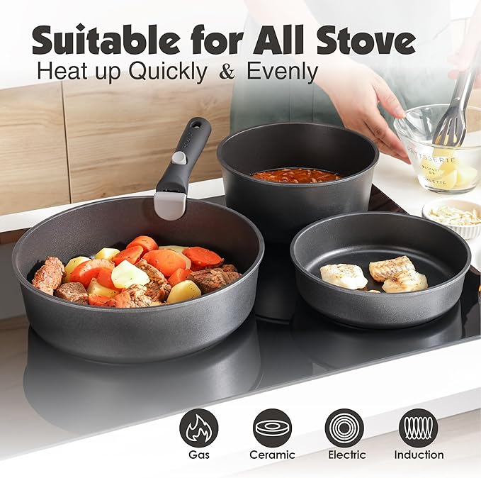 SENSARTE 17 Piece Pots and Pans Set, Nonstick Detachable Handle Cookware Set, Induction Kitchen Cookware Set with Removable Handle, Healthy Non Stick for RV, Dishwasher ＆ Oven Safe, PFOA Free (Black)