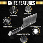 SliceElite Elite Series 7 Inch Meat Cleaver Knife Damascus VG10 Core Forged Carbon Fiber Handle Heavy Duty Chopper Sharp Kitchen Butcher Bone Cutter Vegetable Fruit Chef Tool Polymer Blade Guard Gift