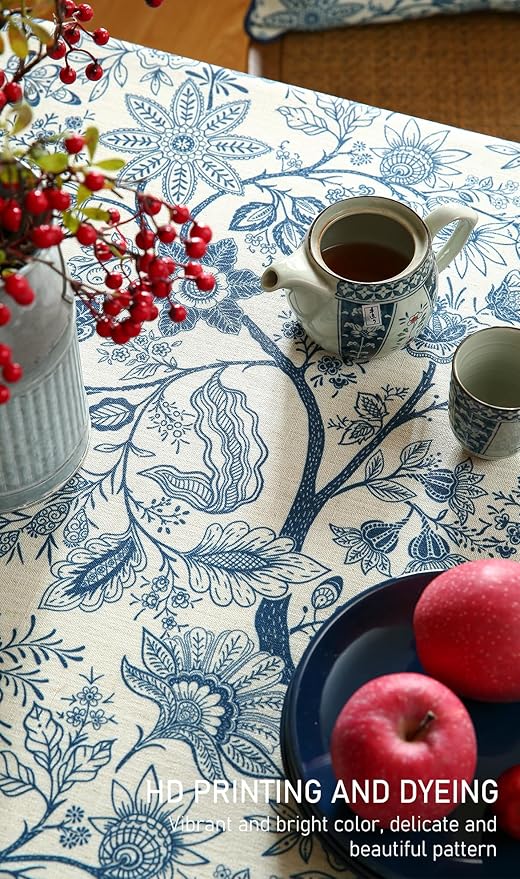 ISAENNE Designer French Linen Extra Long Rectangle Tablecloth,Blue Floral Washable Indoor Table Cloth,Durable Home Decor Tablecloths for Dining Thanksgiving Kitchen Party,63"*110"-Ruyi B