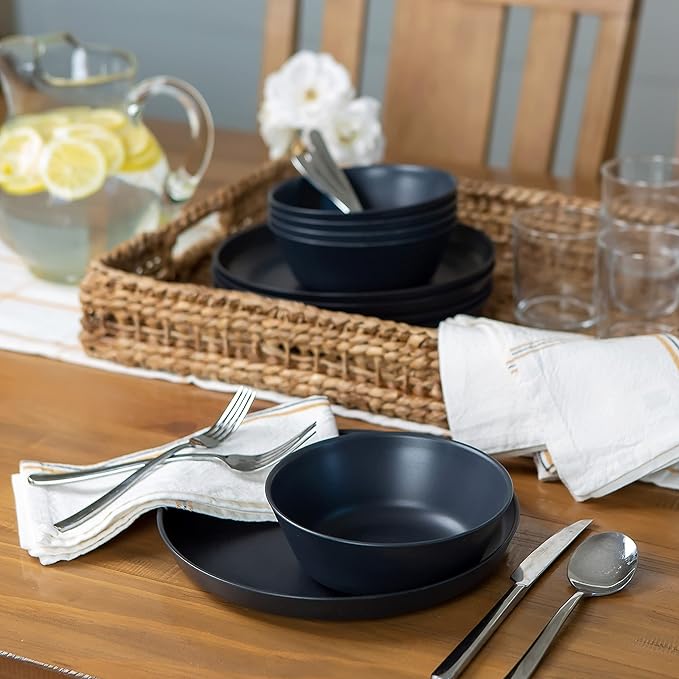 Grow Forward Premium Wheat Straw Plates and Bowls Sets - 8-Piece Wheat Straw Dinnerware Sets - Unbreakable & Reusable Microwave Safe Plastic Dinner Plates for Outdoors, RV, Camping Dishes - Midnight