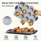 BRONYPRO Ceramic Muffin Pan, 12-Cup and 24-Cup Nonstick Aluminized Steel Mini Cupcake Pans, Healthy Non-Toxic Ceramic Coating Muffin Tin, 2 Pack Cup Cake Pans for Baking Blue