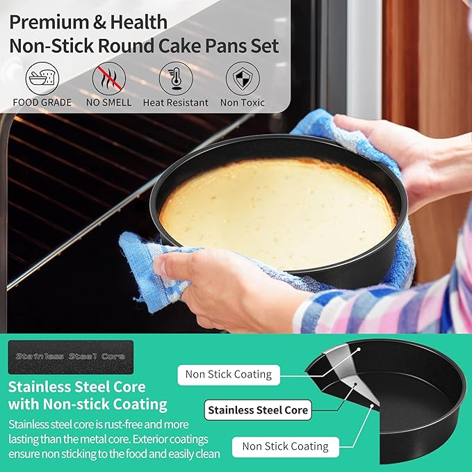 P&P CHEF Non-stick Cake Pan Set of 4, 8 Inch Round Baking Cake Pans Tins for Tier Smash Cakes, Non-Toxic & Solid, Stainless Steel Core & Leak-Proof, 4Pcs