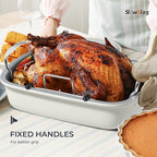 Roasting Pan, 17 Inch x 13 Inch Roaster with Removable Rack, Nonstick Roaster Pan for Roasting Turkey, Meat & Vegetables (Beige)
