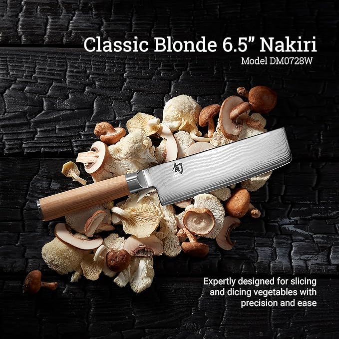 Shun Classic Blonde 6.5" Nakiri Knife, Handcrafted Japanese Vegetable Knife, VG-MAX Core with Damascus Stainless Steel Cladding, Pakkawood Handle, Slicing Tool for Professional and Home Chefs