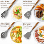 Zulay Kitchen Utensils Set Non-Stick Silicone Cooking Utensils Set with Authentic Acacia Wood Handles - 8 Piece Set - Silicone Kitchen Utensils Set with 464°F Heat Resistance - Gray