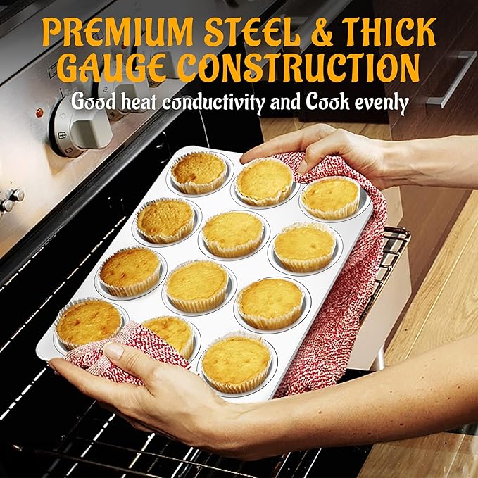 E-far Stainless Steel Muffin Pan Set of 5, 12 Cups Cupcake Pans Tins for Baking, Non-Toxic Metal Muffin Tray Molds for Small Mini Cupcake, Heavy Duty & Regular Size, Rust Free & Dishwasher Safe