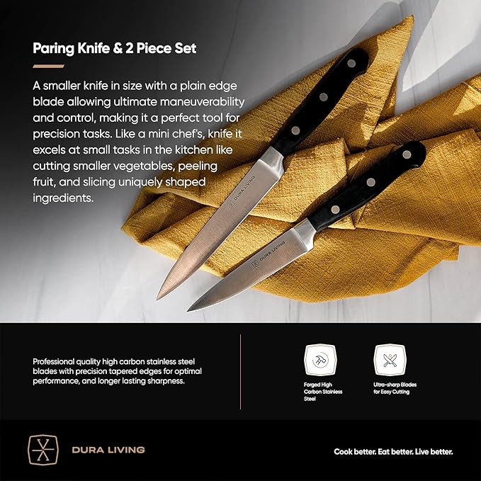 DURA LIVING 2-Piece Premium Kitchen Knife Set - Ultra-Sharp 5" Utility Knife & 3.5" Paring Knife, High Carbon Stainless Steel, Forged for Precision, Multipurpose Cooking Knives with Ergonomic Handles