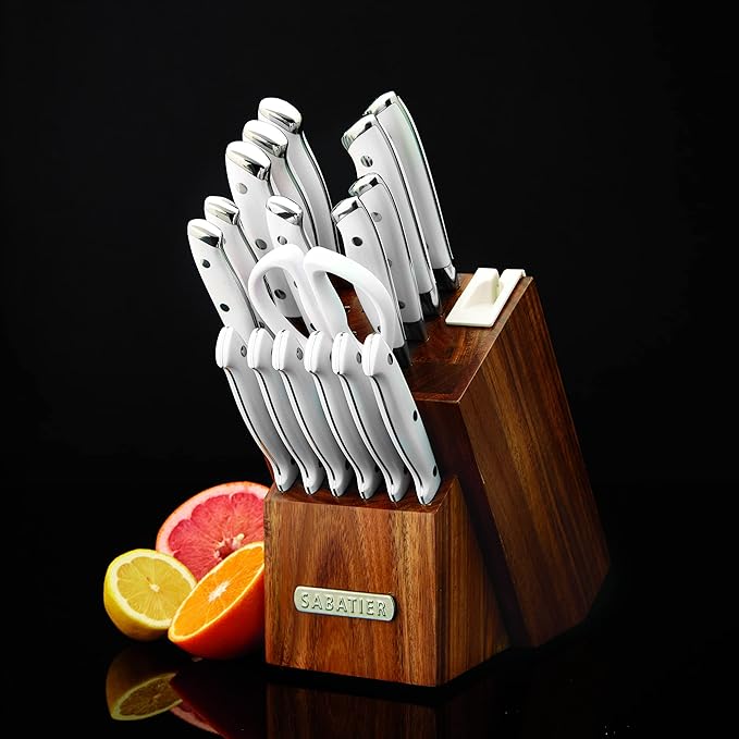 Sabatier Forged Triple Rivet Built-In Edgekeeper Sharpener, 18-Pieces, High-Carbon Stainless Steel Kitchen Knives, Razor-Sharp Knife set with Acacia Wood Block, White