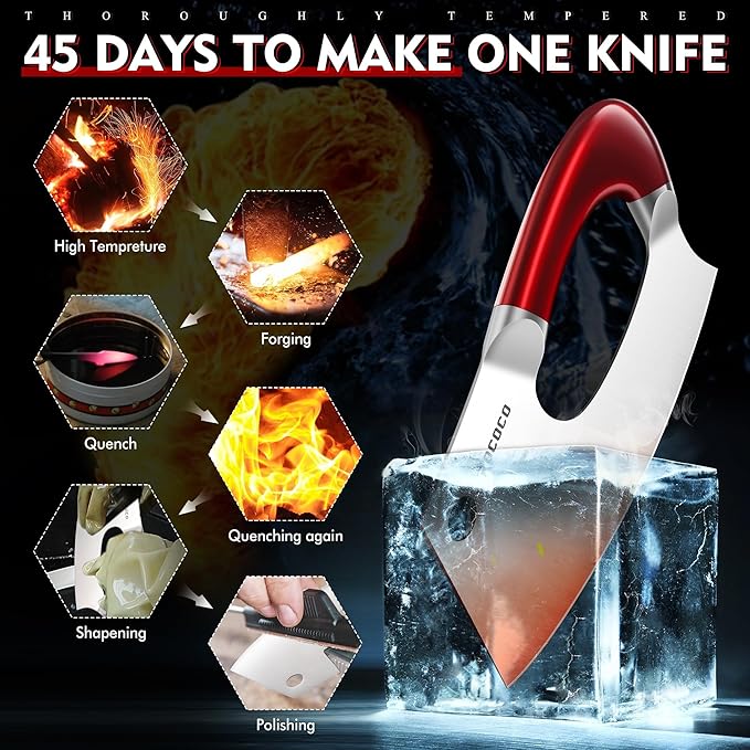 ROCOCO Meat Cleaver Knife Unique Effort Saving Kitchen Knife Professional Stainless Steel Chef Cooking Knives for Cutting Meat Vegetable Father Mother Christmas Gift Red
