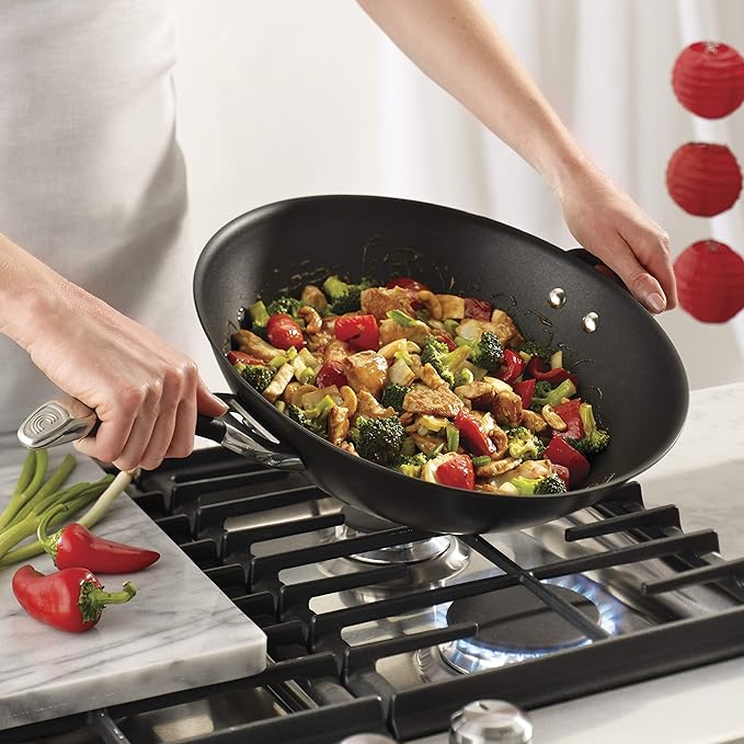 Circulon Symmetry Hard Anodized Nonstick Stir Fry / Wok Pan with Helper Handle - 14 Inch, Black