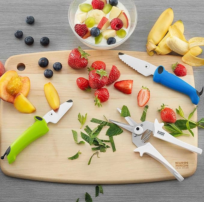 Kuhn Rikon Kinderkitchen® Kids Chef Knife Set With Scissors, 3 Pieces, Green/Blue/White| Cutting Tools Made for Real Cooking | Child Friendly Animal Designs With Hand Guard & Snipper Cover For Safety