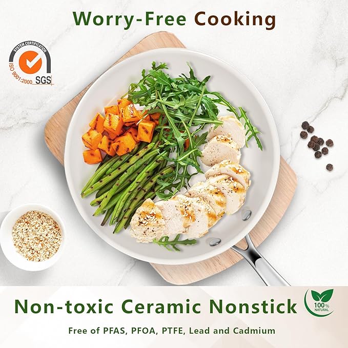 8 Inch Nonstick Ceramic Frying Pan, Tri-Ply Stainless Steel Skillet with Stay-Cool Handle, PFAS/PFOA/PTFE Free, No Seasoning Required, High Heat & Induction Safe, Dishwasher/Oven Safe