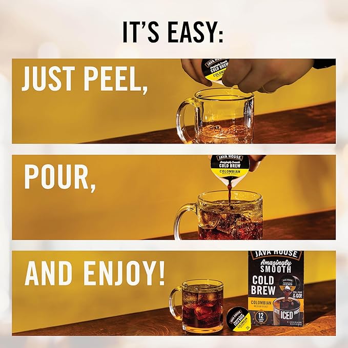 Java House Single-Serve Cold Brew Coffee Pods – Premium 100% Arabica Liquid Concentrate – Smooth & Bold Decaf Roast – 12 Pods – Ready Hot or Iced, Travel-Friendly, TSA Approved