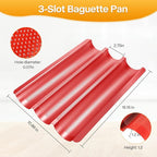 Perforated Baguette Bread Pan, French Bread Baking Pan Nonstick with Dough Couche & Cutter, Food Grade Carbon Steel 3-Slot Baguette Tray 15x11 Inch, Oven Safe, for Home & Professional, Red