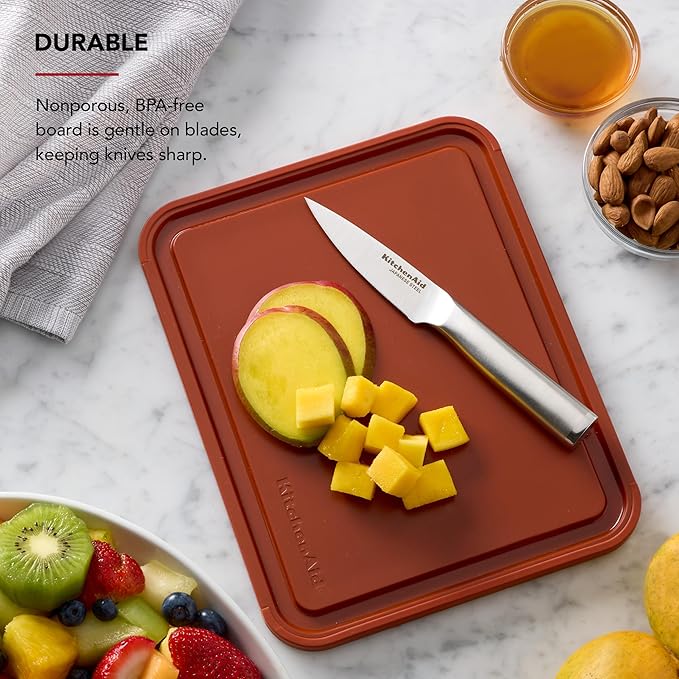 KitchenAid Classic Plastic Cutting Board with Perimeter Trench and Non Slip Edges, Dishwasher Safe, 8 x 10 inch, Scorched Orange