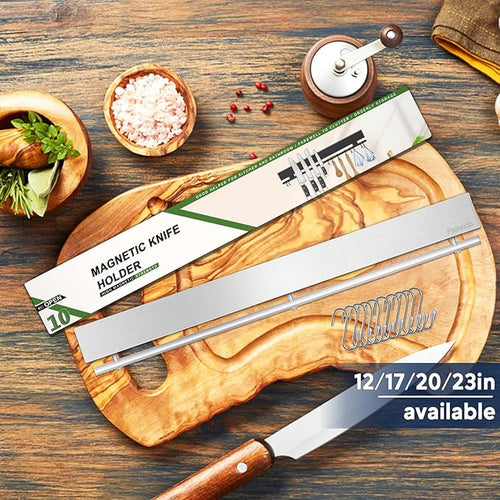 20 inch magnetic knife holder with 10 hooks, no drilling knife magnetic strip, and utensil hanger for wall. Powerful knife magnet rack includes tape and screw