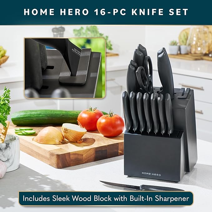 Home Hero Kitchen Knife Set - Wooden Knife Block Organizer - High Carbon Stainless Steel Blades - Ergonomic Handles with Built-In Sharpener & Kitchen Scissors - 16-Pc, Black