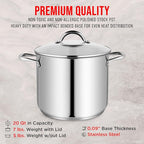 Stainless Steel Stockpot with Tempered Glass Lid 20 Quart, Durable 18/0 Stainless Steel, Impact-Bonded Base for Even Heating, Riveted Handles, Oven & All Stove Compatible, Safe Up To 500°F (260°C)