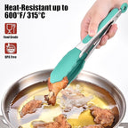 Doosu Kitchen Tongs for Cooking - 600°F Heat Resistant Food Tong with Non-Scratch Silicone Tips, Heavy Duty Stainless Steel Locking Tong for BBQ, Grilling Steak, Serving Salad, Pasta (9in, Aqua Sky)