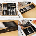 KitchenEdge Black Knife Drawer Organizer Insert - Knife Block Holder, Holds 5 Long + 6 Short Knives (Not Included), Fits Most Sizes, Non-Slip Feet, 100% Sustainable Bamboo, Food-Safe Black Finish