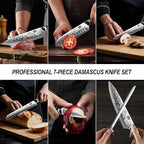 SHAN ZU Damascus Kitchen Knife Set, 7-Piece Professional Knife Sets for Chefs, Japanese Super Steel Damascus Kitchen Knife Set With G10 Handle Knife Block Set