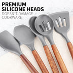 Zulay Kitchen Utensils Set Non-Stick Silicone Cooking Utensils Set with Authentic Acacia Wood Handles - 5 Piece Silicone Utensil Set - Kitchen Utensils Set with 464°F Heat Resistance - Gray