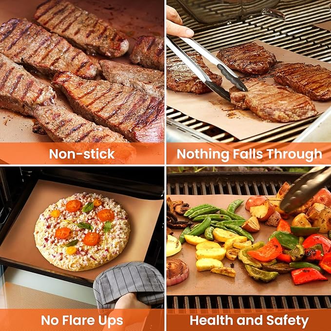 Copper Grill Mats for Outdoor Grill, Dailyart Set Of 5 BBQ Grilling Mats for Outdoor Reusable & Easy To Clean & Non-Stick Copper Grill Sheets - Barbecue Grill Accessories for Gas, Charcoal, Electric