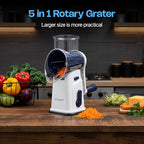 Rotary Cheese Grater with Handle, Cheese Shredder Hand Crank with Suction Base & 5 Interchangeable Blades, Multi-Functional Food Chopper for Vegetables, Nuts & Chocolate - Easy to Use & Clean
