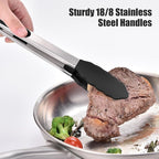 Doosu Kitchen Tongs for Cooking - 600°F Heat Resistant Food Tong Set with Non-Scratch Silicone Tips, Heavy Duty Stainless Steel Locking Tong for BBQ, Grilling Steak, Serving Salad (9+12in, Black)