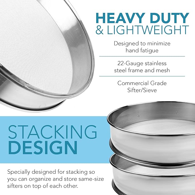 Stainless Steel Flour Sifter Fine Mesh Round Flour Sieve for Baking 16.5" Diameter x 2.88" High; 30 Mesh (Hole Size 0.6mm)