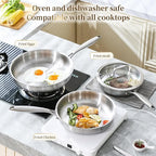 DELARLO Tri-ply Stainless Steel Frying Pan Set with Lid 8"10"12" Induction large Skillets Chef's Pan,Pots and Pans Set Kitchen Cookware Set Suitable for All Stove