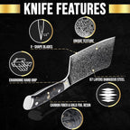 SliceElite Elite Series 7-Inch Damascus Bone Cutting Knife – VG10 Steel Blade with Forged Carbon Fiber Handle Infused with Gold Leaf, Sheaths Option (Bone Cutting Knife with Leather Sheath)