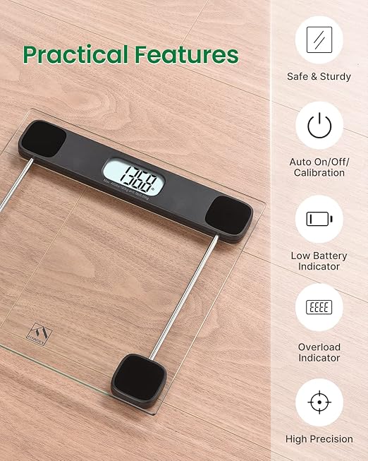 FITINDEX Bathroom Scale for Body Weight, Highly Accurate Digital Weighing Scale with Large LCD Display, Transparent and Slim Tempered Glass, 400 lbs, Black