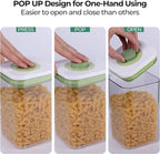 linoroso Set of 4 Pop Airtight Food Storage Containers with Date Recording Lids, Stackable Plastic Kitchen Storage Containers, Dry Cereal Container Set for Pantry Countertop Fridge Organization