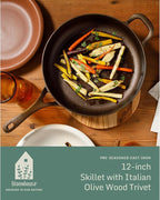 Bloomhouse Natural Bronze Finish 12-Inch Cast Iron Skillet with Long Handle, Helper Handle & Olive Wood Trivet – Olive Oil Treated Fry Pan, Oven & Stovetop Safe