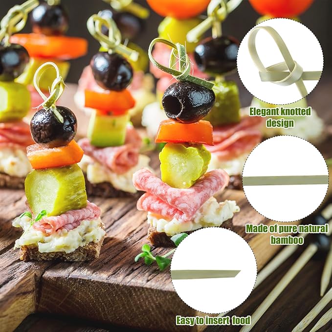 Nuogo 500 Pcs Bamboo Cocktail Picks 4.13 Inch Bamboo Skewers Fruit Toothpicks for Appetizers Drink Garnish Sticks Handmade Food Pick with Looped Knot for Party Bar Snacks Sandwiches Drinks