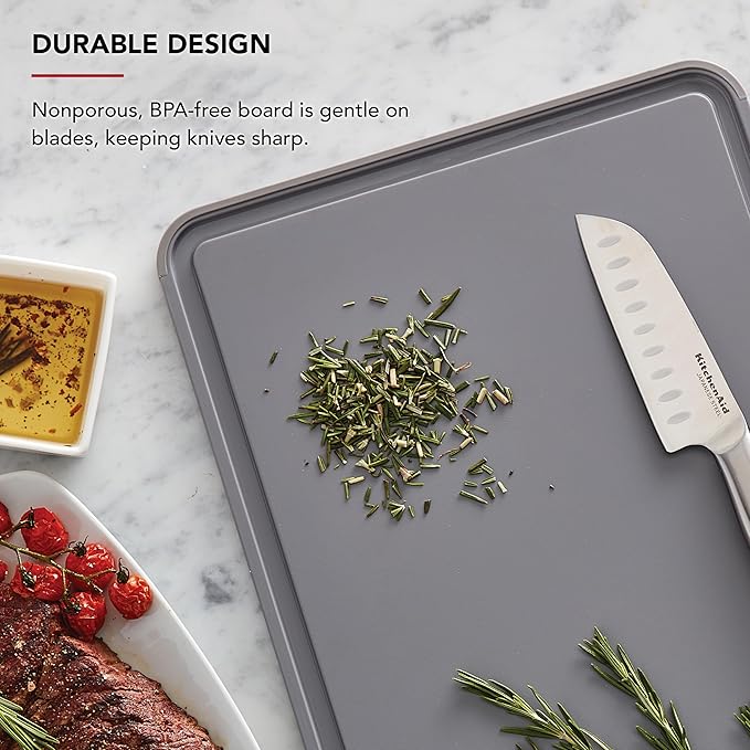 KitchenAid Classic Plastic Cutting Board with Perimeter Trench and Non Slip Edges, Dishwasher Safe, 12 inch x 18 inch, Gray