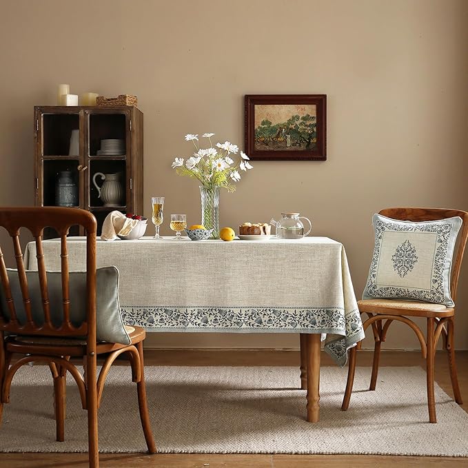 ISAENNE Designer Vintage Linen Elegant Small Square Tablecloth,Chinoiserie Floral Indoor Table Cloth,Wrinkle Resistant Decor Table Cover for Dining Thanksgiving Kitchen,55"*55"-Segerman B