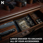 Premium Pocket Knife Display Case for 10 Knives - Wooden Knife Organizer, Storage & Holder with Unique Pillars, Hinged Cover, Drawer - Knife Collection Box - Handcrafted for Men