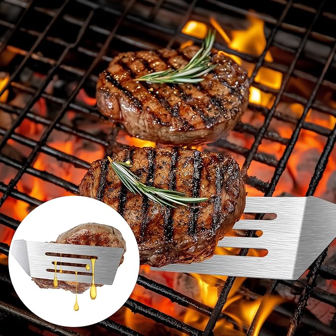 Stainless Steel Spatula Set, 2 Pieces Metal Spatula for Cast Iron Skillet, Metal Spatulas for Kitchen Use with Wooden Handle, Ideal for Frying Steak, Pancake, Cookie, Burger, Brownie or Desserts
