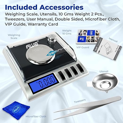 AWS Gemini-20 Milligram Scale 20g x 0.001g–Digital Jewelry/Lab Scale for Powder, Gold, Gems – Includes Calibration Weights, Tweezers & Tray–Tare, Cal, 6 Units (Gemini - 20 - Black)