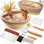 Sourdough Proofing Basket Gift Set, 9" Round and 10" Oval Banneton Bread Baking Supplies, Sourdough Baskets with Bread Lame, Danish Whish, Bowl Scraper, Sourdough Scraper, and Linen Liners