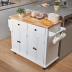 VEVOR Kitchen Island Cart with Solid Wood Top, 35.4" Width Mobile Carts with Storage Cabinet, Rolling Kitchen Table with Spice Rack, Towel Rack, and Drawer, Portable Islands on Wheels, White