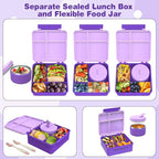 Bento Lunch Box with 8oz Soup Thermo, Kids Leakproof Lunch Food Containers with 4 Compartment, Kids Thermo Insulated Hot Food Jar for School, Trvael (Purple)
