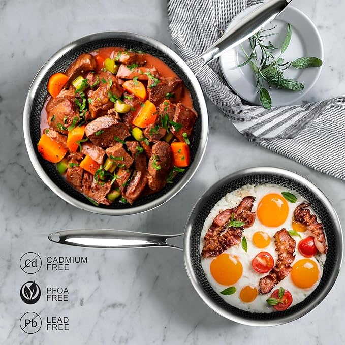 Innerwell Tri-Ply Stainless Steel Frying Pan Set with Lid,8 Inch,9.5 Inch and 11 Inch Nonstick Honeycomb Stainless Steel Cooking Skillet Set of 3 for Induction Gas Stovetops