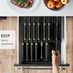 Domax Bamboo In-drawer Knife Block - Knife Drawer Organizer Insert Large Handle Steak Knife Holder, Kitchen Drawer Knife Organizer Fits for 16 knives and 1 Sharpening Steel (Not Included), Black