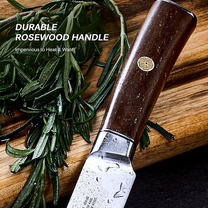 KYOKU 8 Inch Carving Knife - Daimyo Series - Meat and Fruit Slicing Knife with Ergonomic Rosewood Handle, & Mosaic Pin - Japanese 440C Stainless Steel Kitchen Knife with Sheath & Case