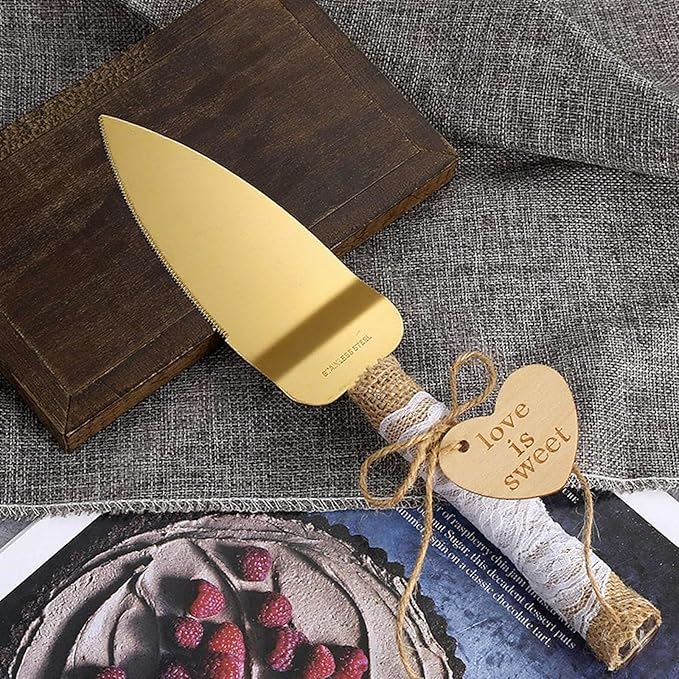 TANG SONG Rustic Style Stainless Steel Wedding Cake Knife and Serving Set Resin Plastic Handle with Twine Heart Love Wood Tag and Burlap Lace Design（Gold）